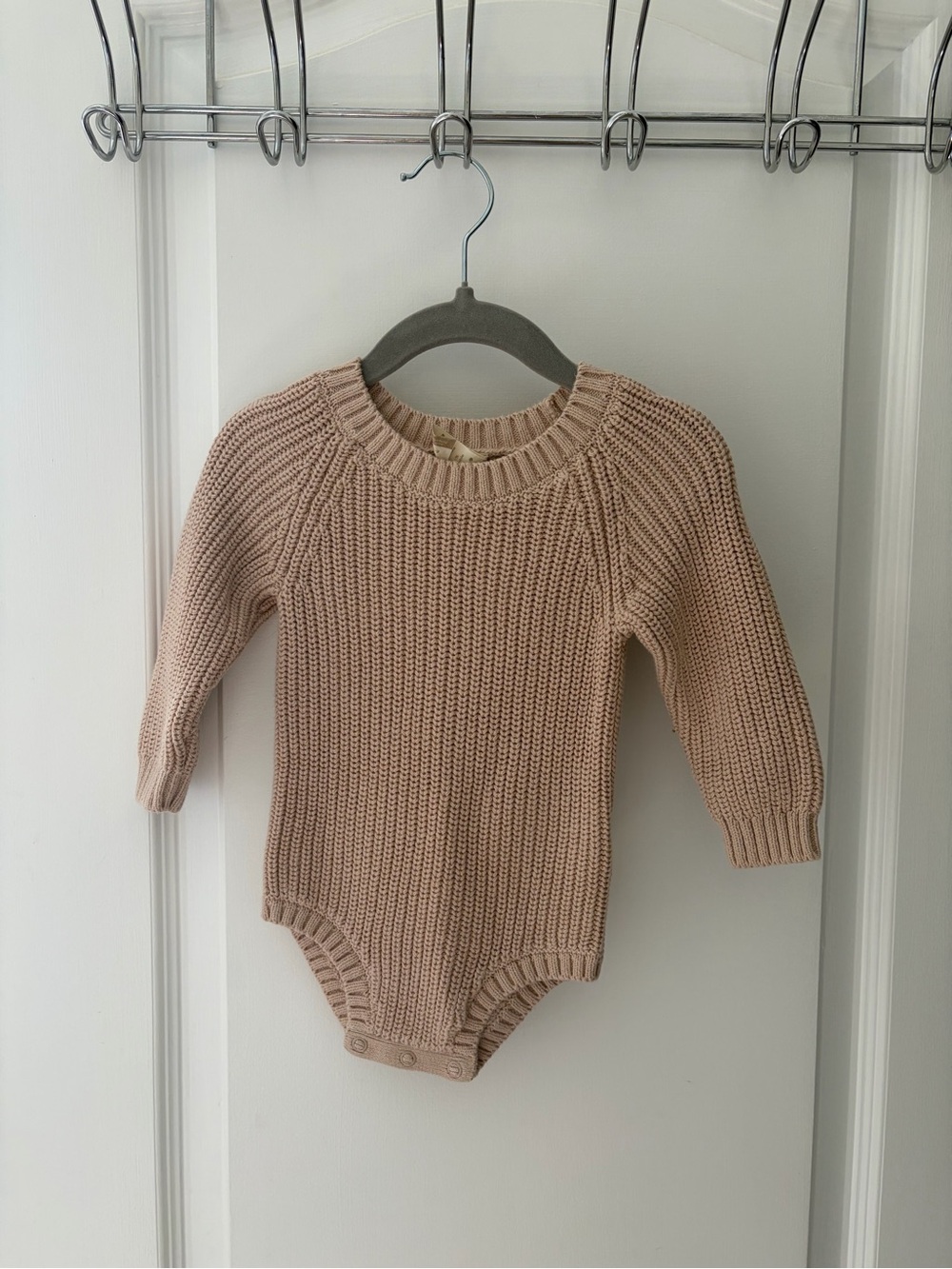 Knit Long-Sleeve Baby One-Piece in Beige